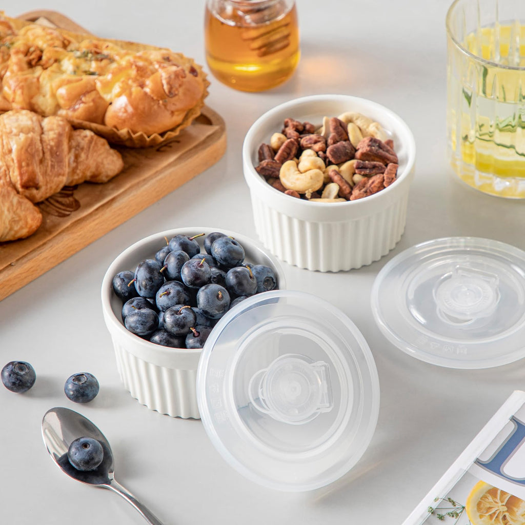 6 oz with Lid, Porcelain Creme Brulee Souffle Dishes, White Pudding Custard Cups Ramiken for Baking, Dishwasher and
