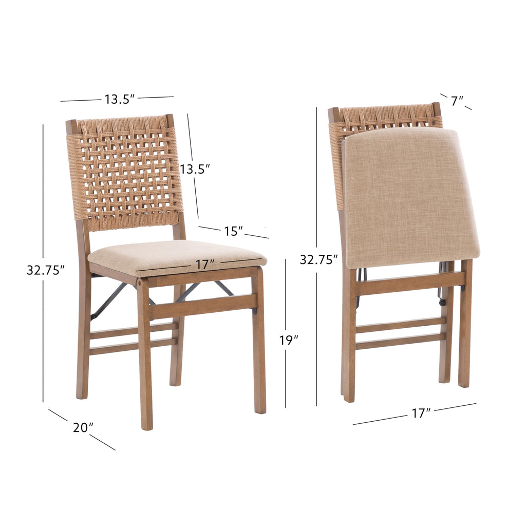 Bennett Natural Folding Chair with Woven Rope Back and Linen Upholstered Seat Set of 2