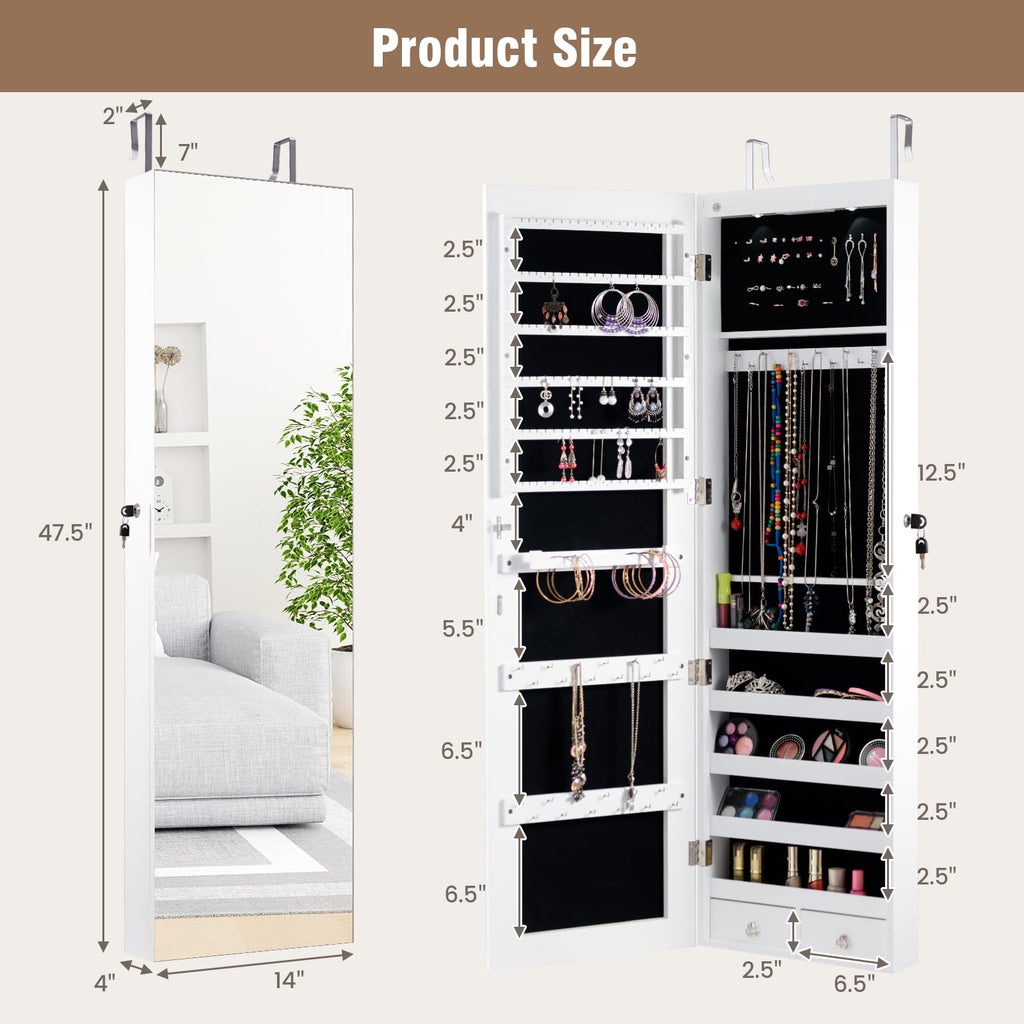 Jewelry Armoire Wall or Door Mounted, Full-Length Mirror with Storage, Lockable Mirror Jewelry Cabinet w/ 2 Drawers