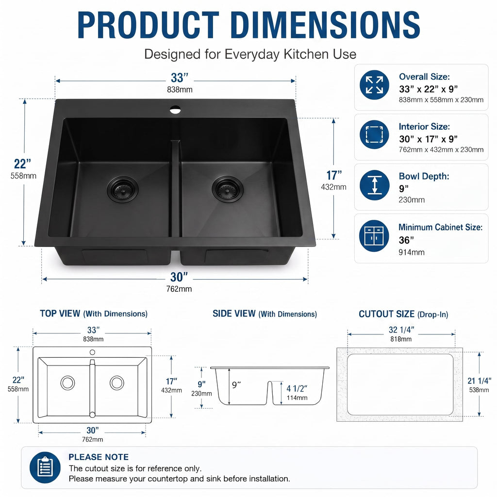 Black, 33x22 Drop In Black, Top Mount Stainless Steel Sink, Large Capacity, 50/50 Double Bowl Sink with Unique