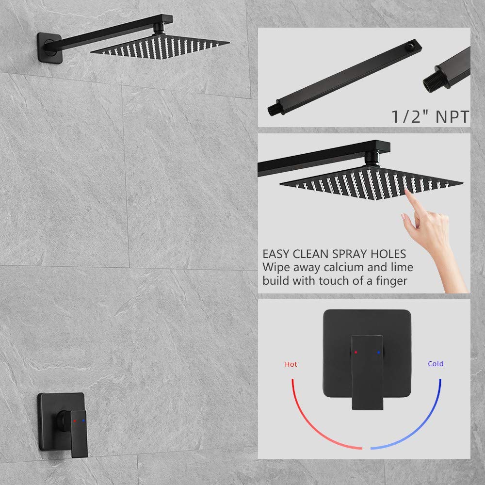 Matte Black Shower Faucet Set, Single Function Shower Trim Kit with Rough-in Valve, Square Rain Shower Head System