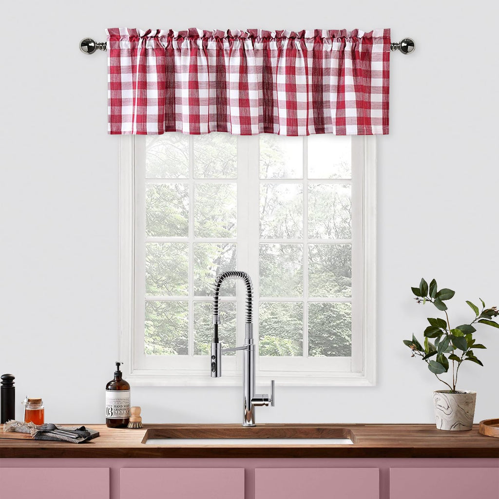 Red and White Buffalo Check Kitchen Curtain Valances for Windows, Burgundy Plaid Gingham Valance Rod Pocket Cafe