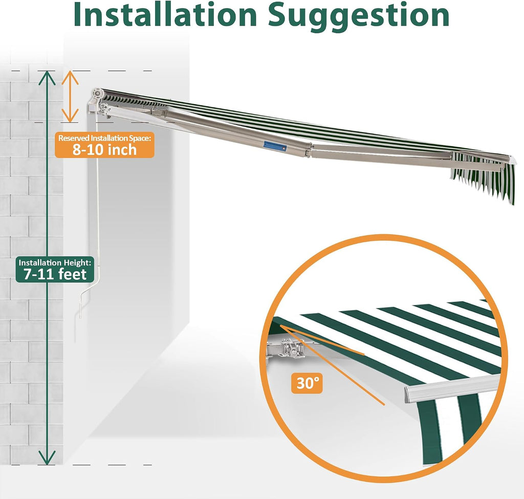 11.5x9.5 Feet Manual Retractable Patio Door Window Awning Sunshade Shelter Outdoor Canopy, 1210 (Green with White