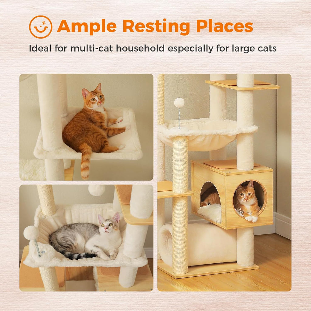 Floor to Ceiling Cat Tree, 93-101'' Adjustable Wooden Tower, Beige