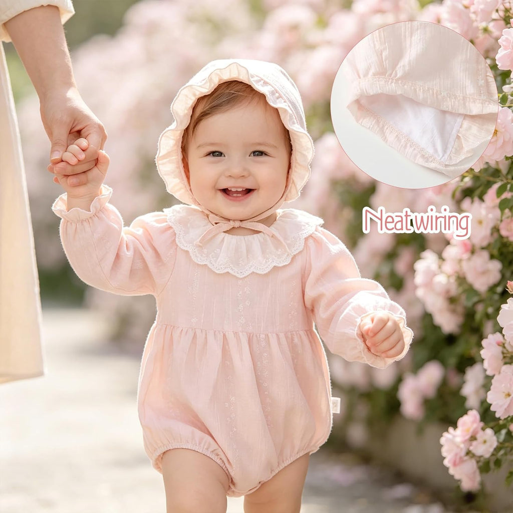 Baby Girl Bubble Romper Ruffle Lace Peter Pan Collar Puff Sleeve Bodysuit with Bonnet Baby Cute Summer Outfits