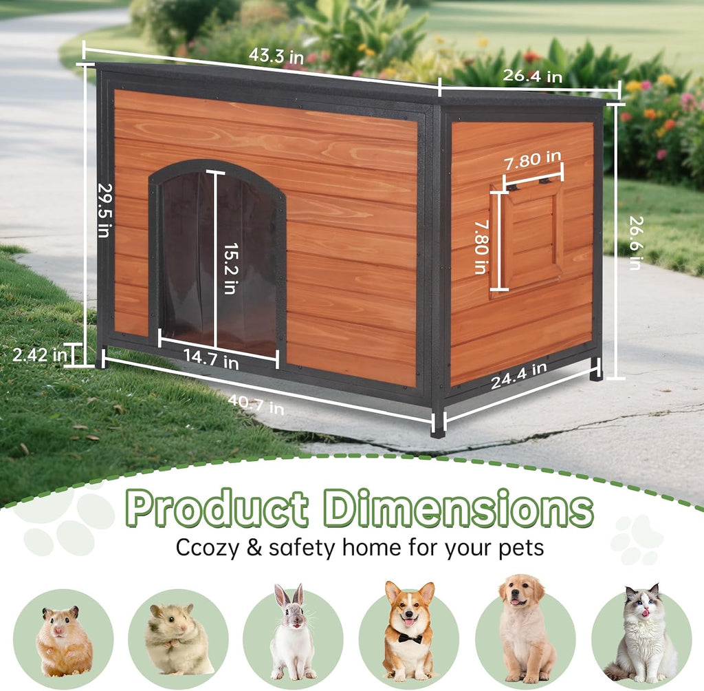Insulated Outdoor Wooden Dog House, Weatherproof Chew Resistant Metal Frame