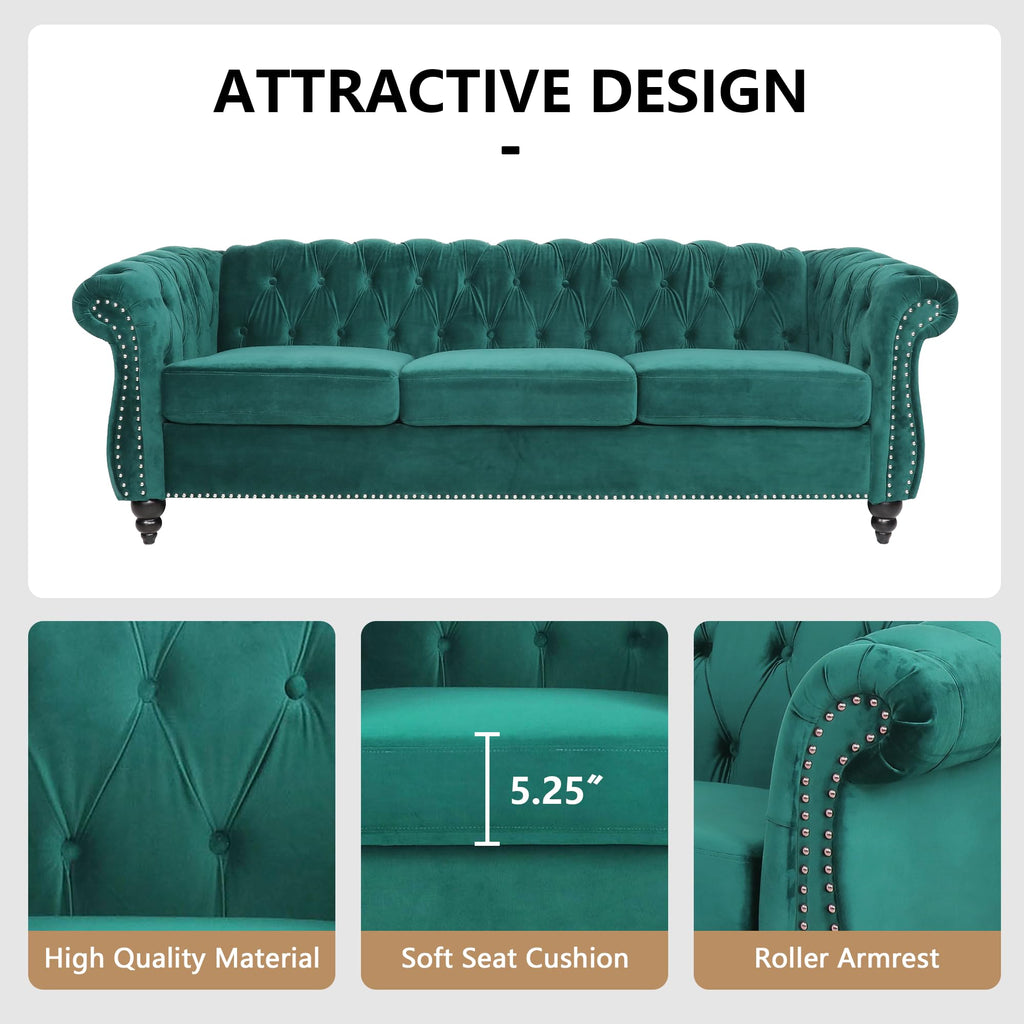 Accent Large Sofa, Chesterfield Couch 3 Seater Modern Velvet Couch Upholstered Sofa with Tufted Back Furniture (Green)