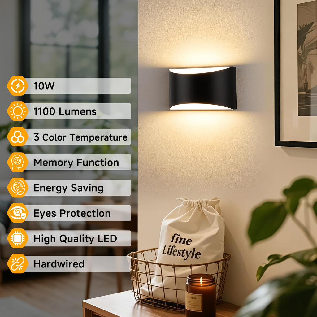 Modern LED Wall Sconce Set of 2, Black Indoor Wall Lights 3CCT