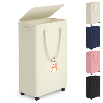 Slim Laundry Hamper with Wheels,20 Gal (75L) Rolling Laundry Basket with lid and wheels Clothes Hamper Foldable Tall