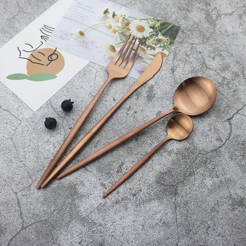 Rose Gold Silverware Set, 24 Pieces Stainless Steel Copper Flatware Set Cutlery Sets, Include Knife Fork Spoon