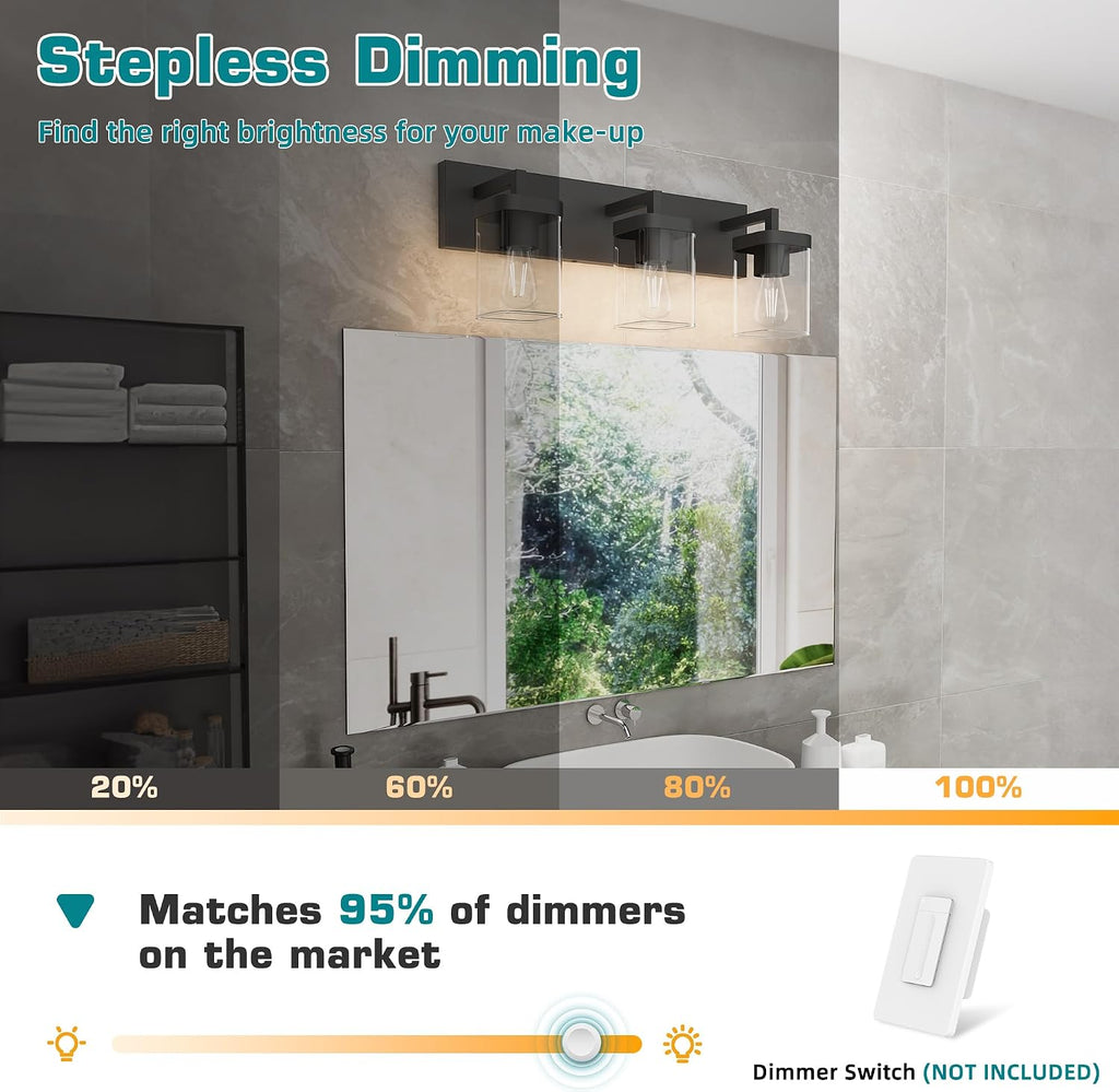 Bathroom Lighting Fixtures Over Mirror, Square Design & Rectangle Large Backplate, 3 Lights Morden Vanity Lighting