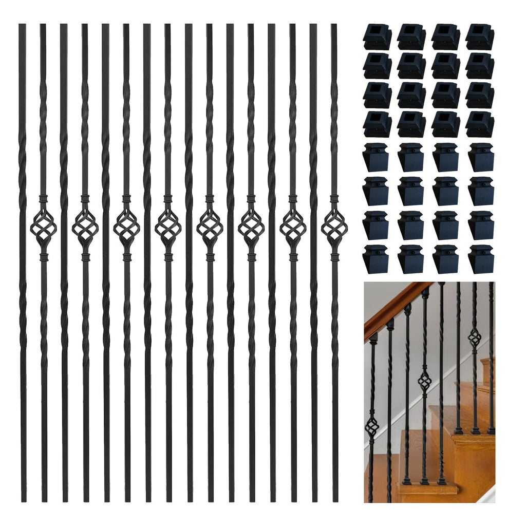 16 Pack Iron Balusters W/ 32 Pack Baluster Shoes, 1/2" x 44" Baluster