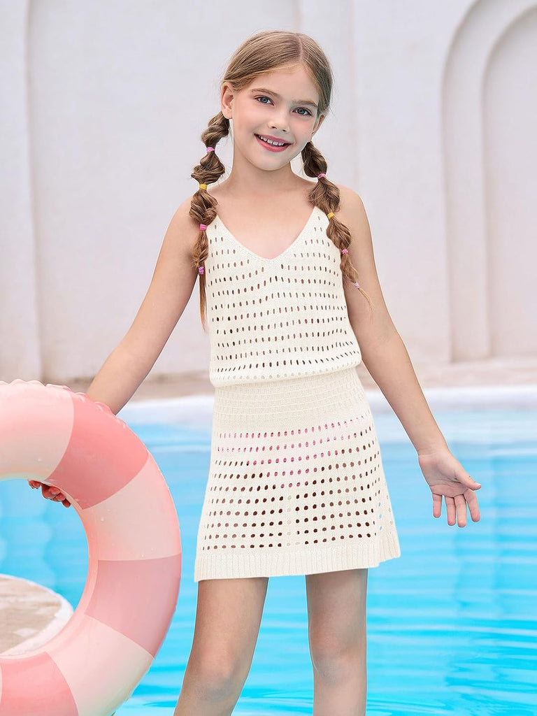 Girls Sleeveless Crochet Swimsuit Cover Up Kids Summer Hollow Out Knitted Beach Dress