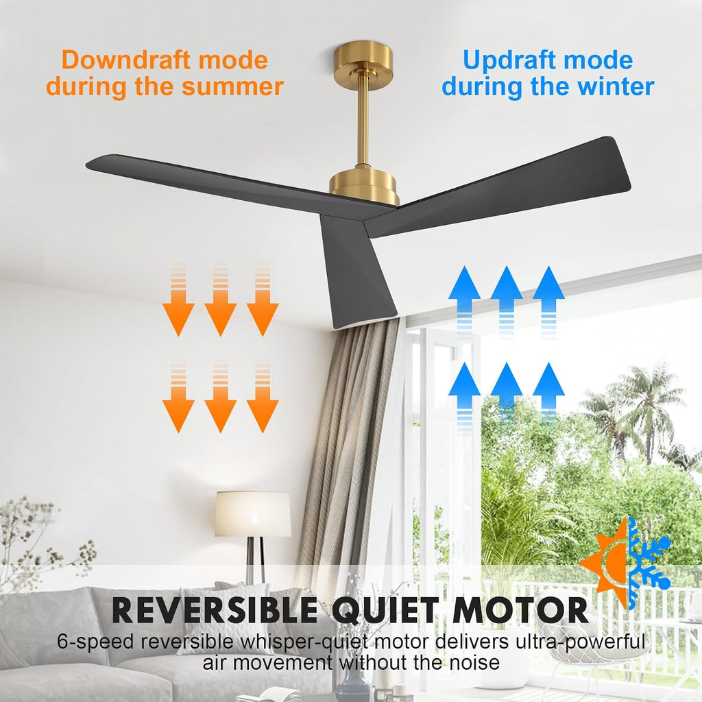 Inspired Adler Style 52" DC Ceiling Fan Without Light, 3 Sculpted ABS Blades, 6-Speed Remote - Brass and Black