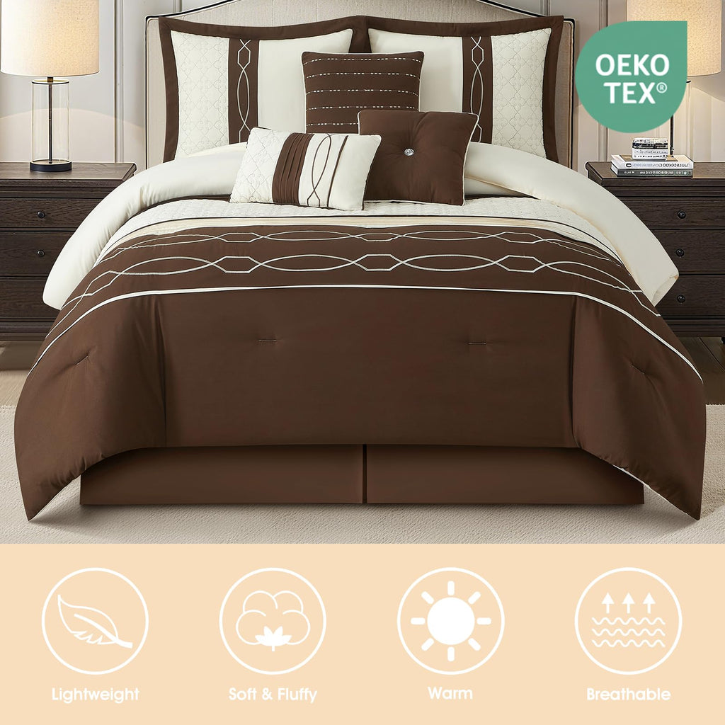 7 Piece Comforter Set, Brown Geometric Clip Design, 100% Polyester, Luxury All Seasons Bed Set Includes
