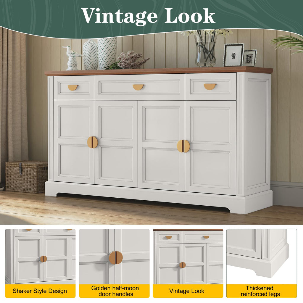 60'' Shaker-Style Large Sideboard Buffet Cabinet with Storage, White