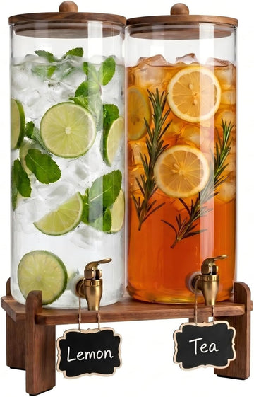 Gallon Glass Drink Dispenser with Spigot & Acacia Wood Stand & Lid - Set of 2