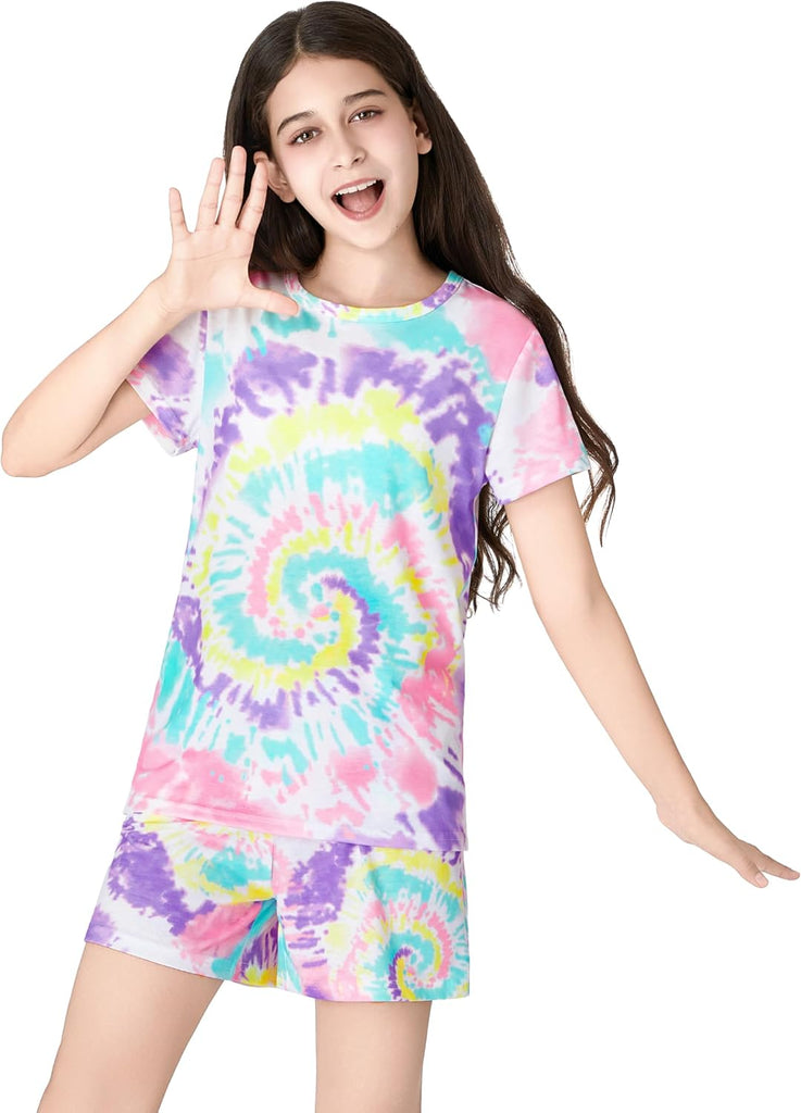 Girls Pajama Set Tie Dye Cute Prints Tee & Shorts