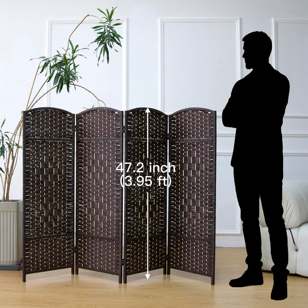 Compact 4 Panel Short Room Divider, 47.2 Inch Tall Double-Sided Rattan Folding Privacy Screen, Dark Brown