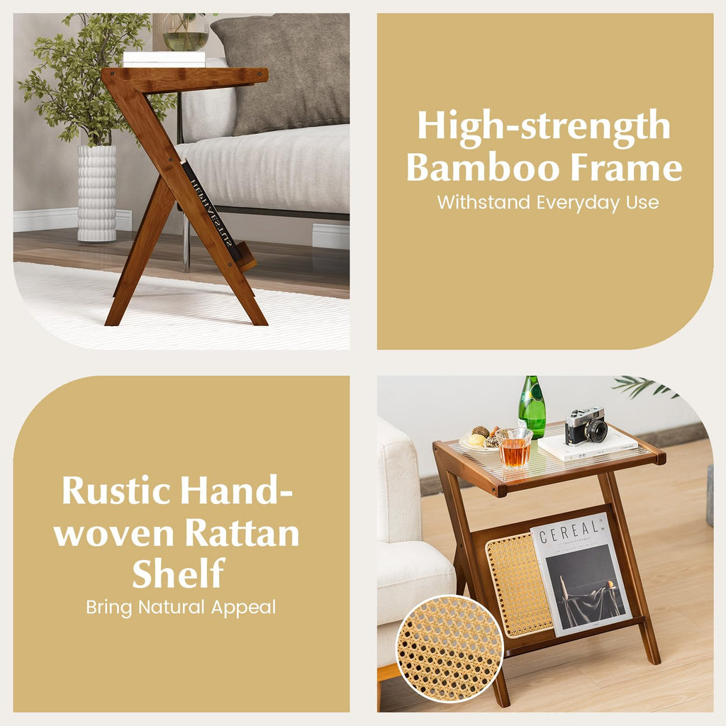 Rattan Side Table, Boho Nightstand with Glass Top & Magazine Rack, with Storage, Bamboo Bedside Table for Small Space