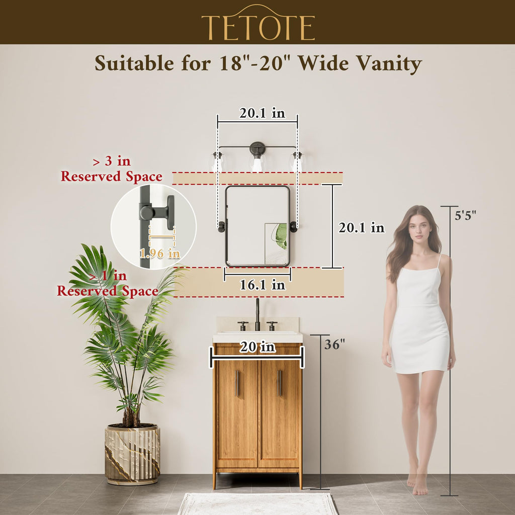 Pivot Mirror 16 x 20 Matte Black Tilt Beveled Rectangle Metal Framed Pivoting Bathroom Vanity Mirror, Modern