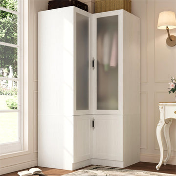 L-Shape Armoire Wardrobe Closet with Frosted Glass Door, 70.9''H Bedroom Clothing Storage Cabinet with Hanging Rod