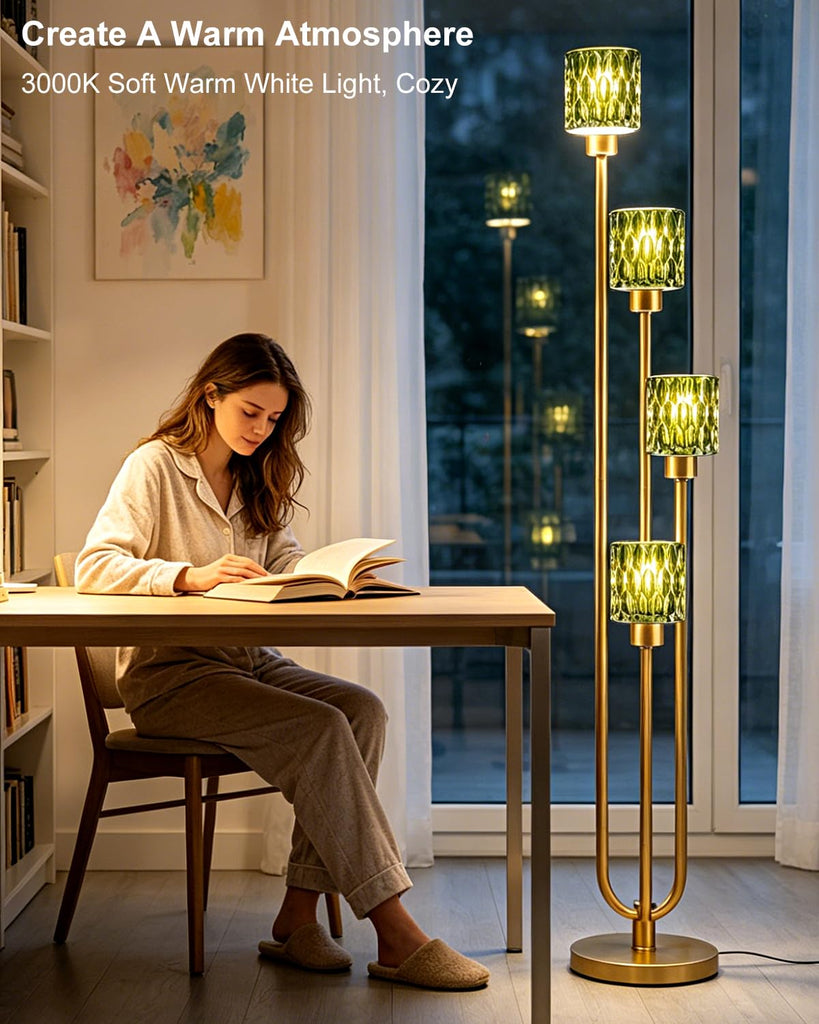 Vintage 4-Light Green Glass Floor Lamp, Dimmable Gold Standing Tall Lamp for Reading, Mid Century Modern Floor Lamp