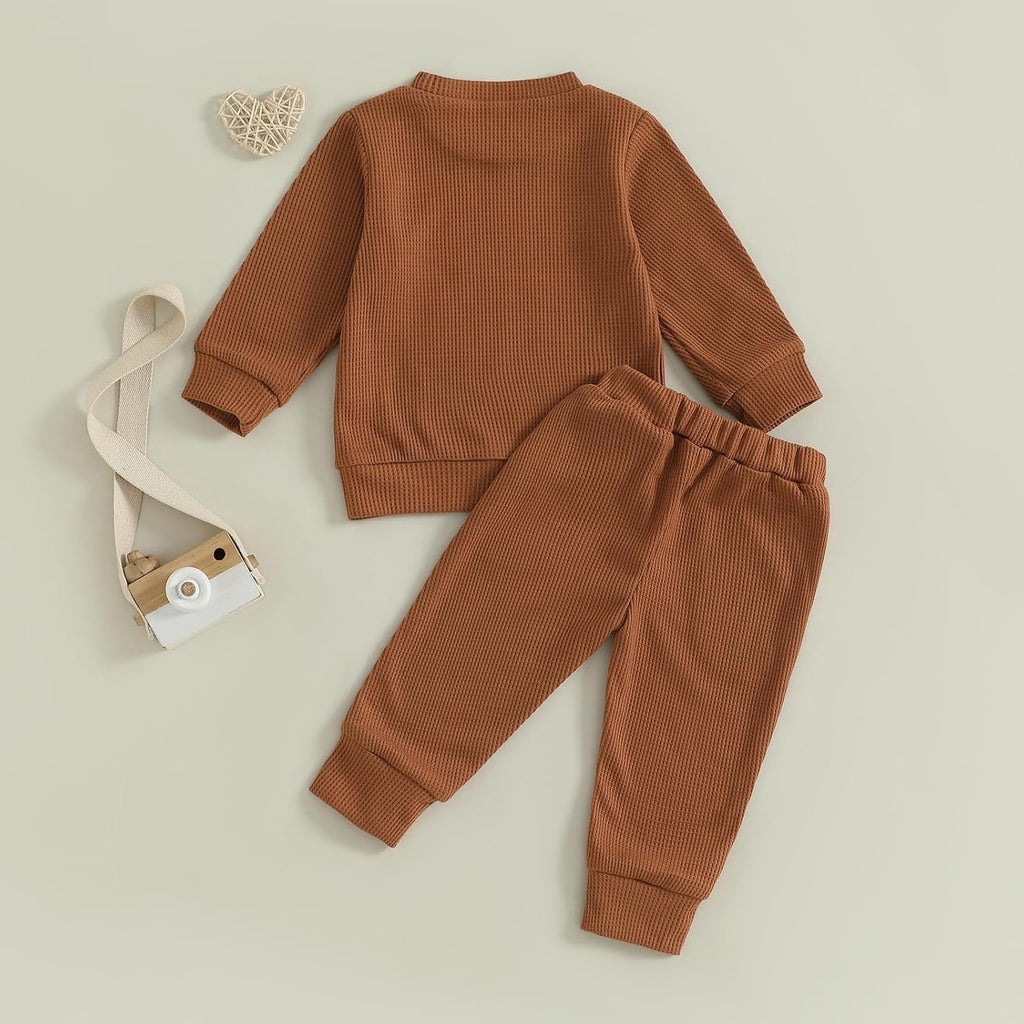 Toddler Baby Boy Girl Fall Outfit Letters Embroidery Long Sleeve Waffle Knit Sweatshirt and Pants Set