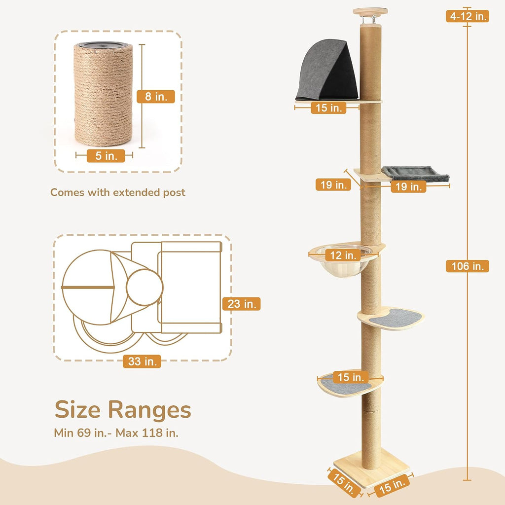 Floor to Ceiling Cat Tree, 6-10 ft, 6 Level, Grey