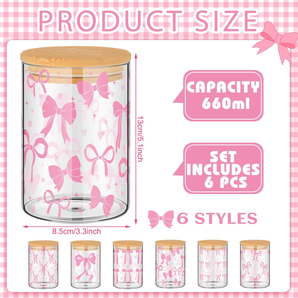 6 Pcs Valentines Day Pink Bow Glass Storage Jars with Airtight Lid 19 oz Pink Bow Decorative Canisters Sets Sugar