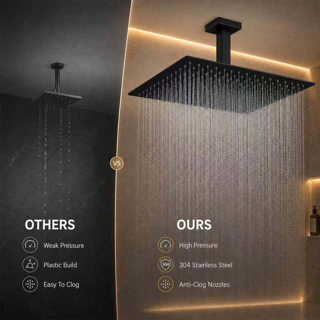 Black Rainfall Shower Head 16 Inch Square Ceiling Mounted Showerhead, Ultra Thin Stainless Steel Overhead Shower