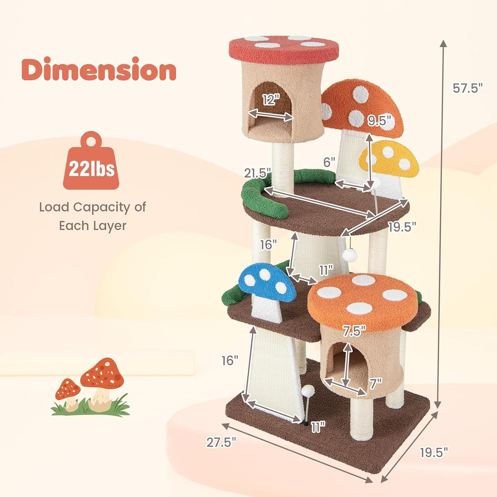 Mushroom Cat Tree, Multi-Level Cute Cat Tower with Full-Wrapped Sisal Posts, Scratching Boards & Interactive Balls, 2