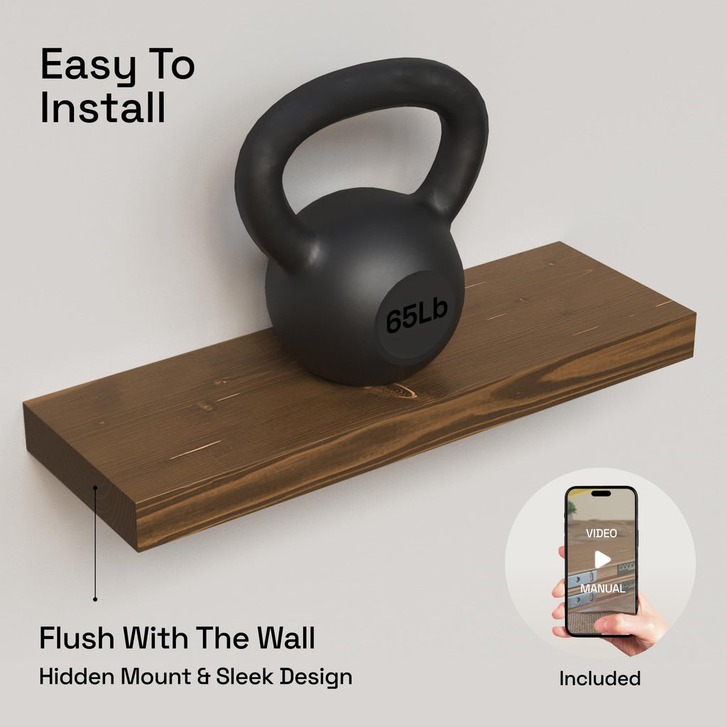 Solid Wood Floating Shelves for Wall 20 Inch Walnut, Wooden Bathroom Shelf