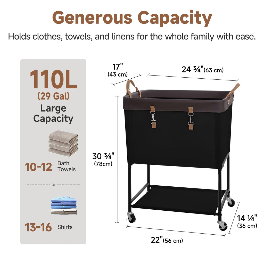 Laundry Cart, 2 Tier Rolling Basket with Wheels, 29 Gal, Black