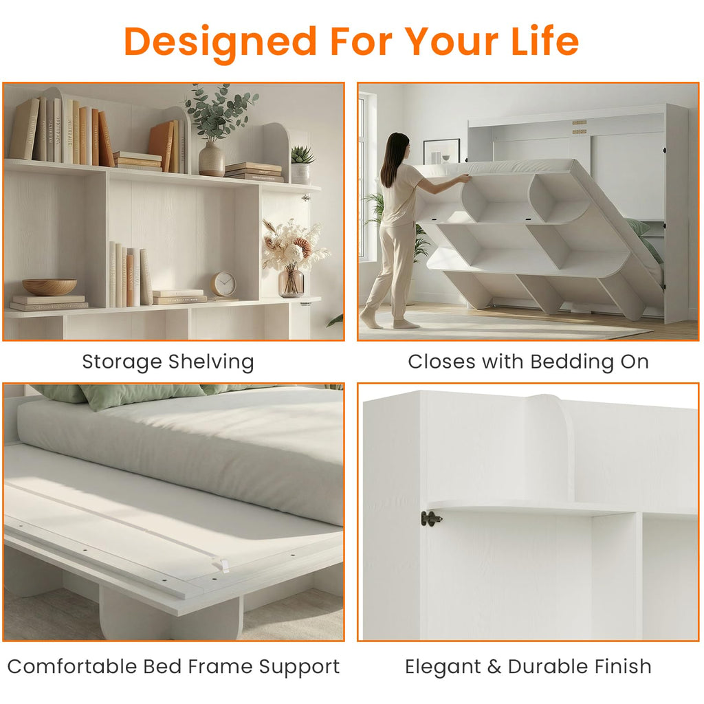 Queen Horizontal Murphy Bed with Storage Shelf-White