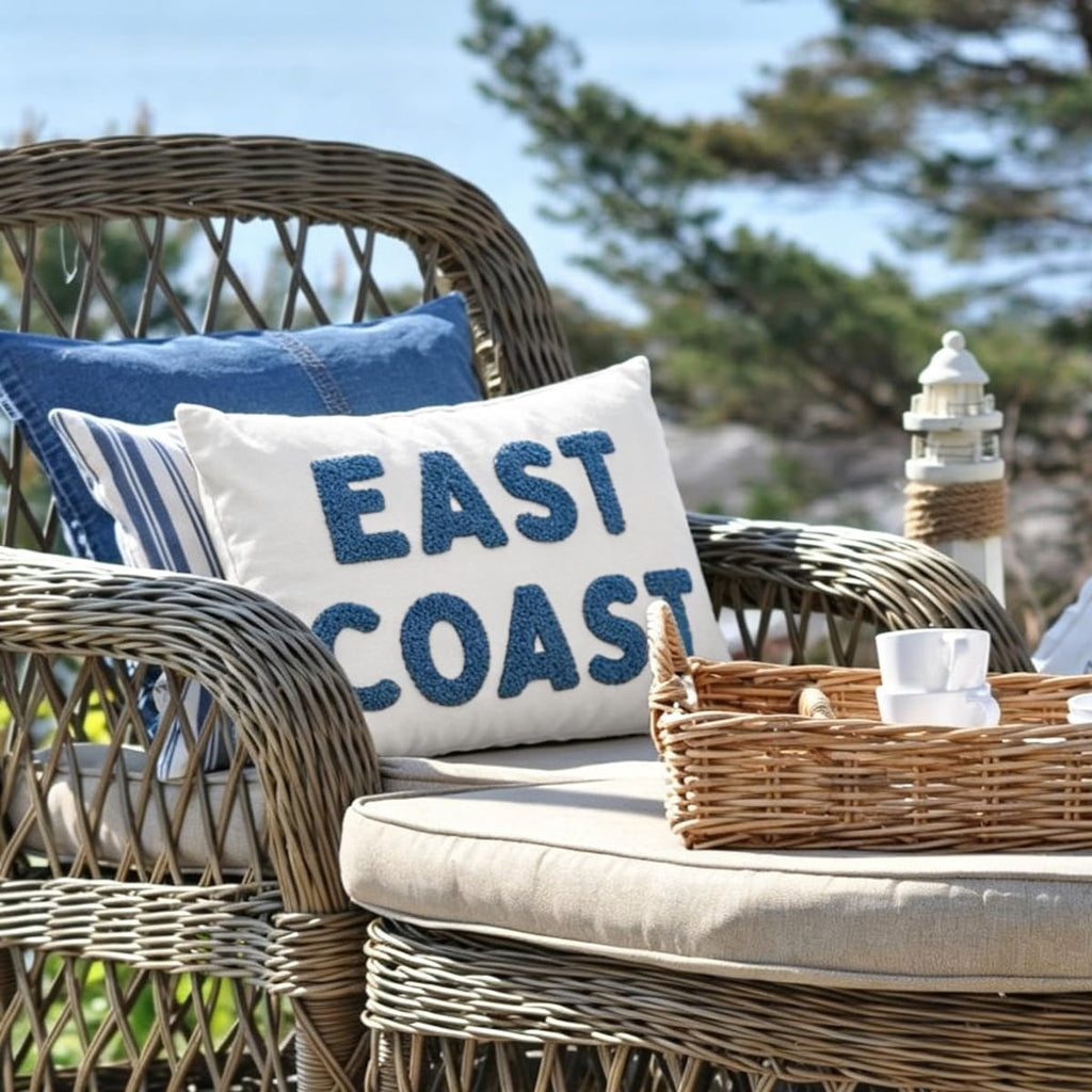Blue Coastal Tufted Embroidery Throw Pillow Cover 12x20