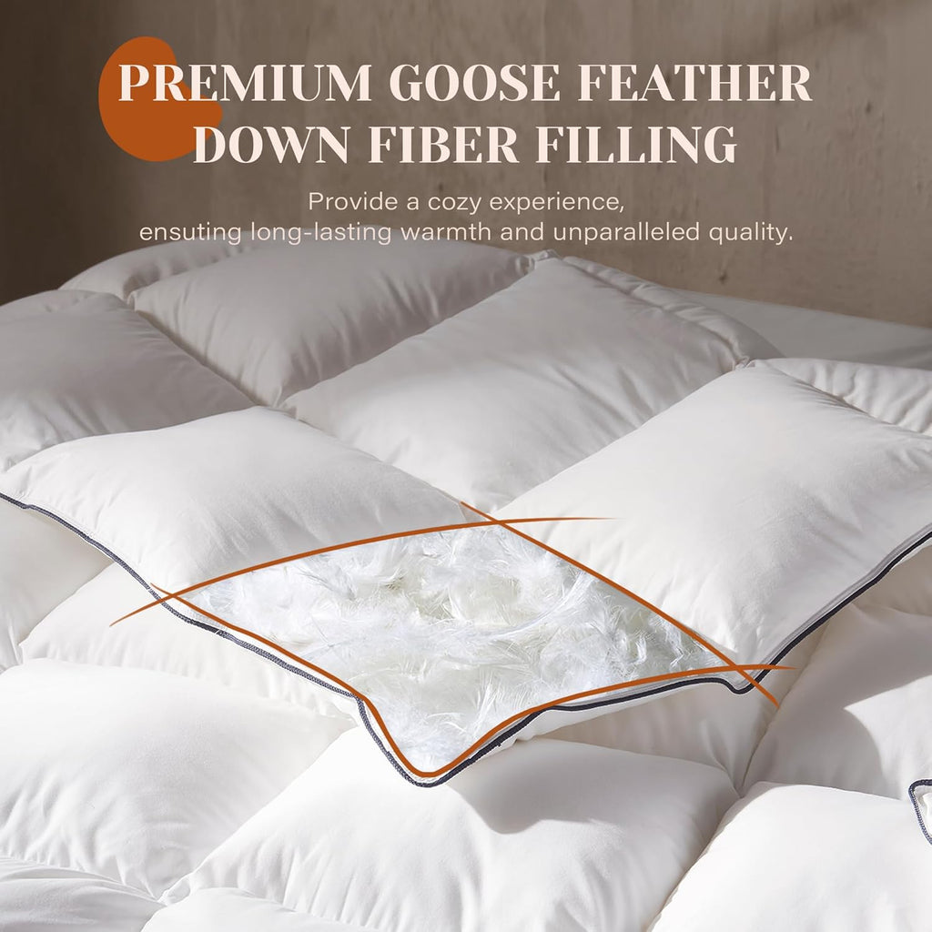 Goose Feather Down Fiber Cotton Comforter King, Ultra-Soft Duvet Insert, Hotel Collection White Quil