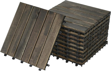10 Pcs Outdoor Interlocking Deck Tiles, 12"x12" Acacia Wood Tiles for Patio, Porch, Balcony & Poolside, Striped