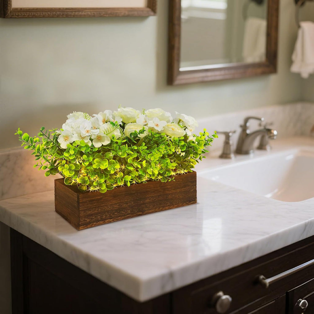 14" Artificial Peony Hydrangea Flowers Arrangement in Rectangular Wooden Planter Box, Rechargeable LED Faux Plants