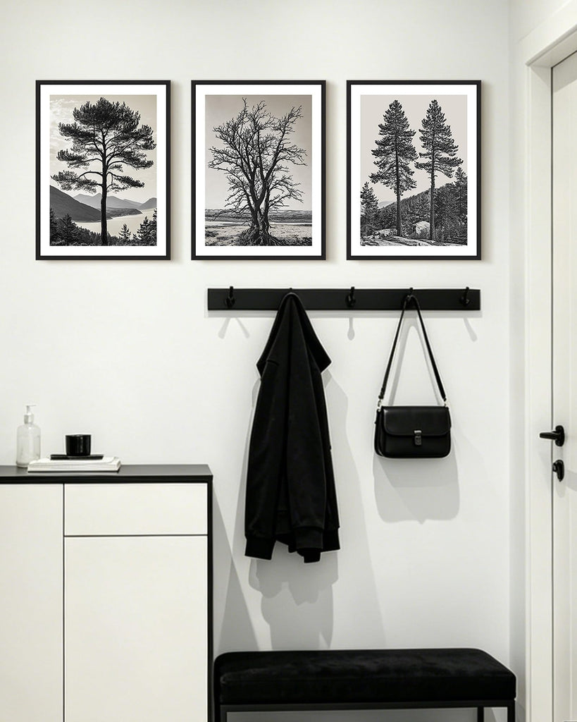 Vintage Tree Framed Wall Art Black and White Retro Antique Forest Drawings Nature Wilderness Sketch Wall Painting