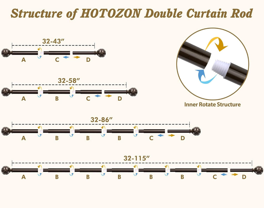 Curtain Rods for Windows 2 Pack, Bronze| 6/8" Diameter, 22lbs Weight Capacity, Decorative Adjustable