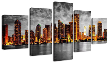 Miami Skyline Wall Black and White Panoramic City Night Canvas Prints