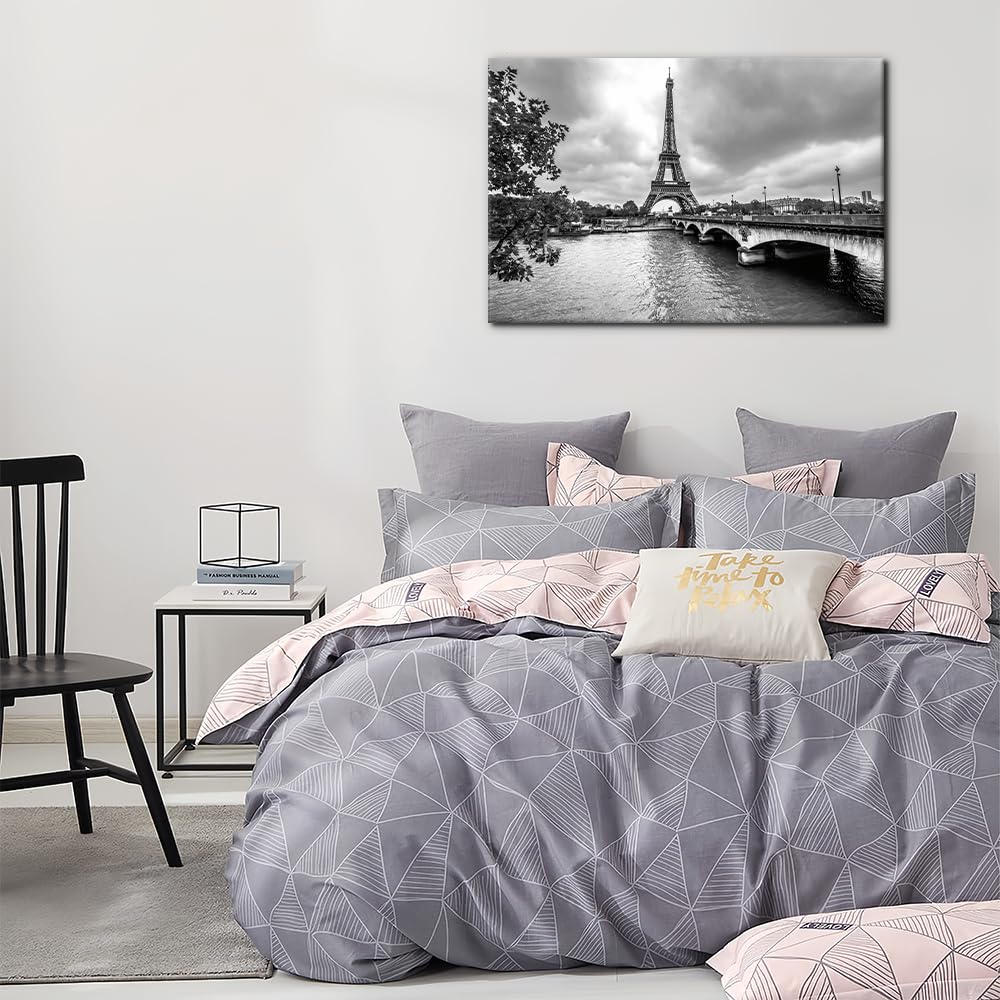 Black and White Canvas Wall Decor Paris Eiffel Tower from Seine Pictures Painting Decor France Cityscape Framed