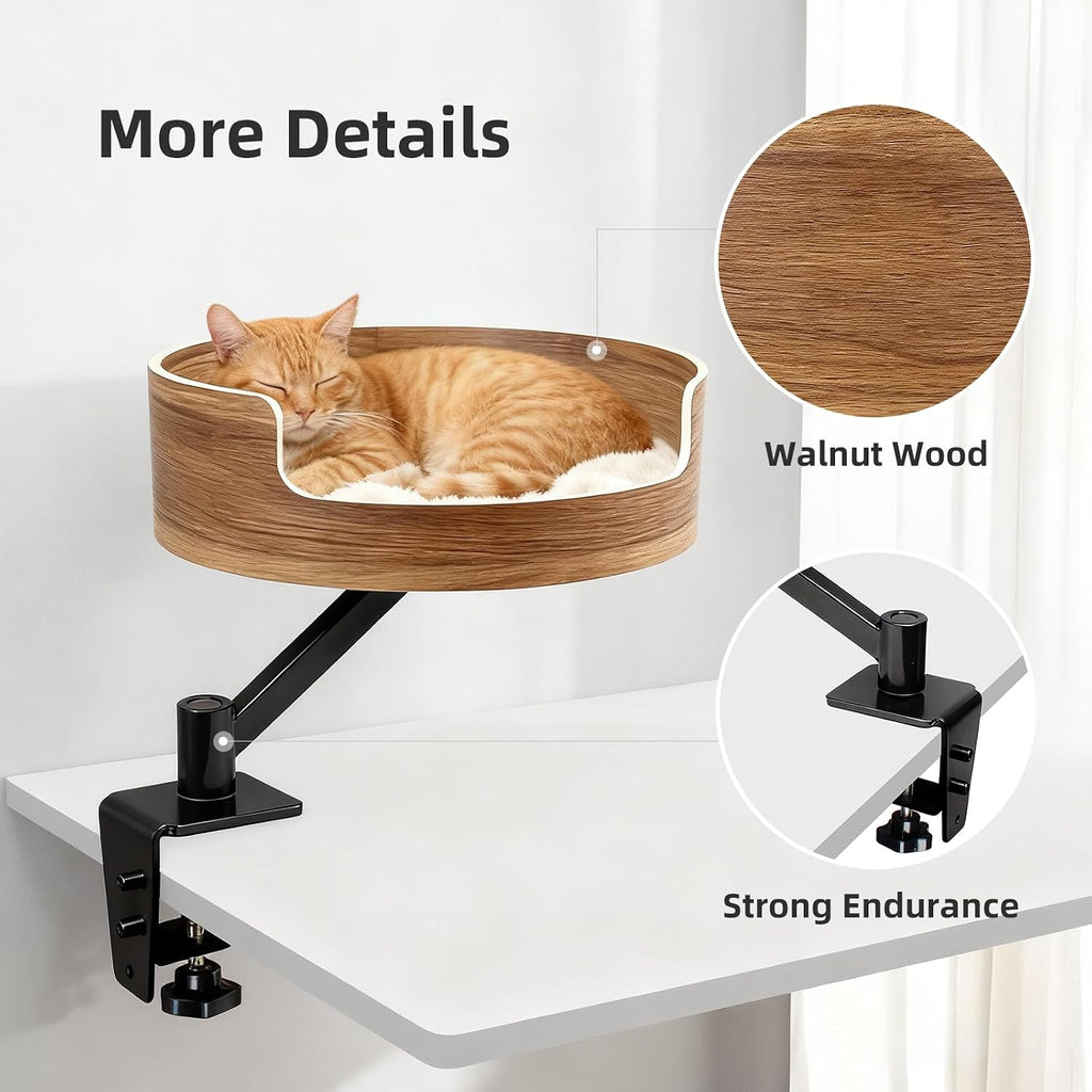 Desk Cat Bed, Elevated Cat Bed for Desk, Space-Saving Cat Hammock, Stable & Comfortable Perch for Indoor Cats, Walnut