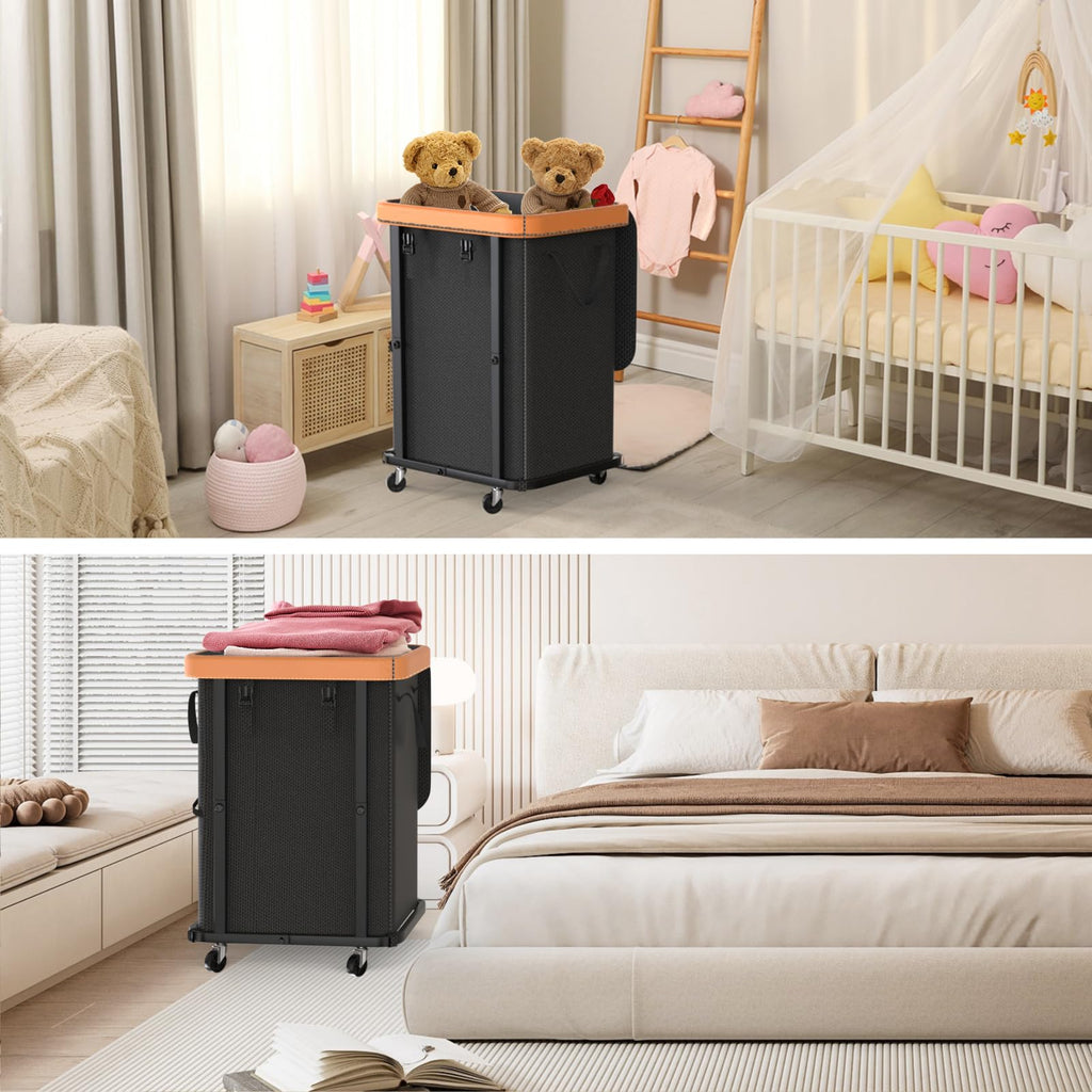 Hamper with Wheels,150L Leather Patchwork Clothes Hamper Black