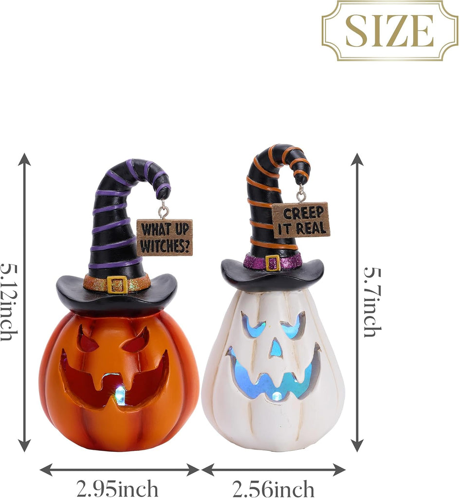 Pumpkin Halloween Decorations Indoor, Resin Halloween Figurines with Light, White and Orange Jack o Lantern - Set of 2