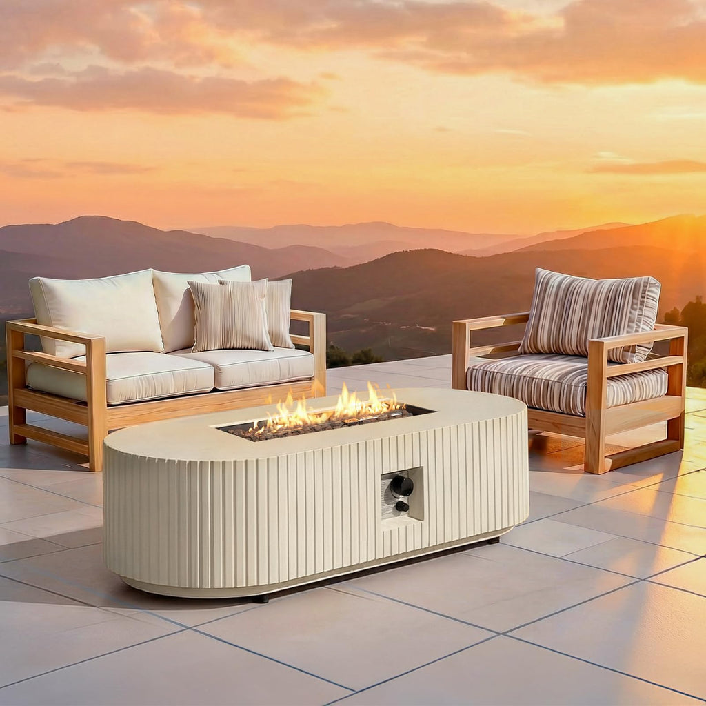 60" Oval Propane/Natural Gas Fire Pit Table, 50000 BTU Outdoor Patio, Beige