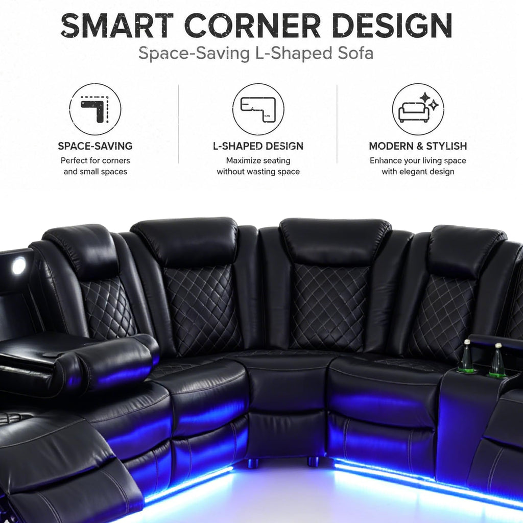 Breathing Leather Power Reclining Sofa Set, Sectional Couch with LED Light