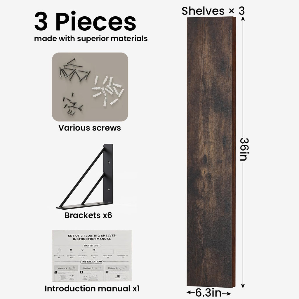 36" Long Wall Mounted Floating Shelves (Rustic Brown, Set of 3, 36")