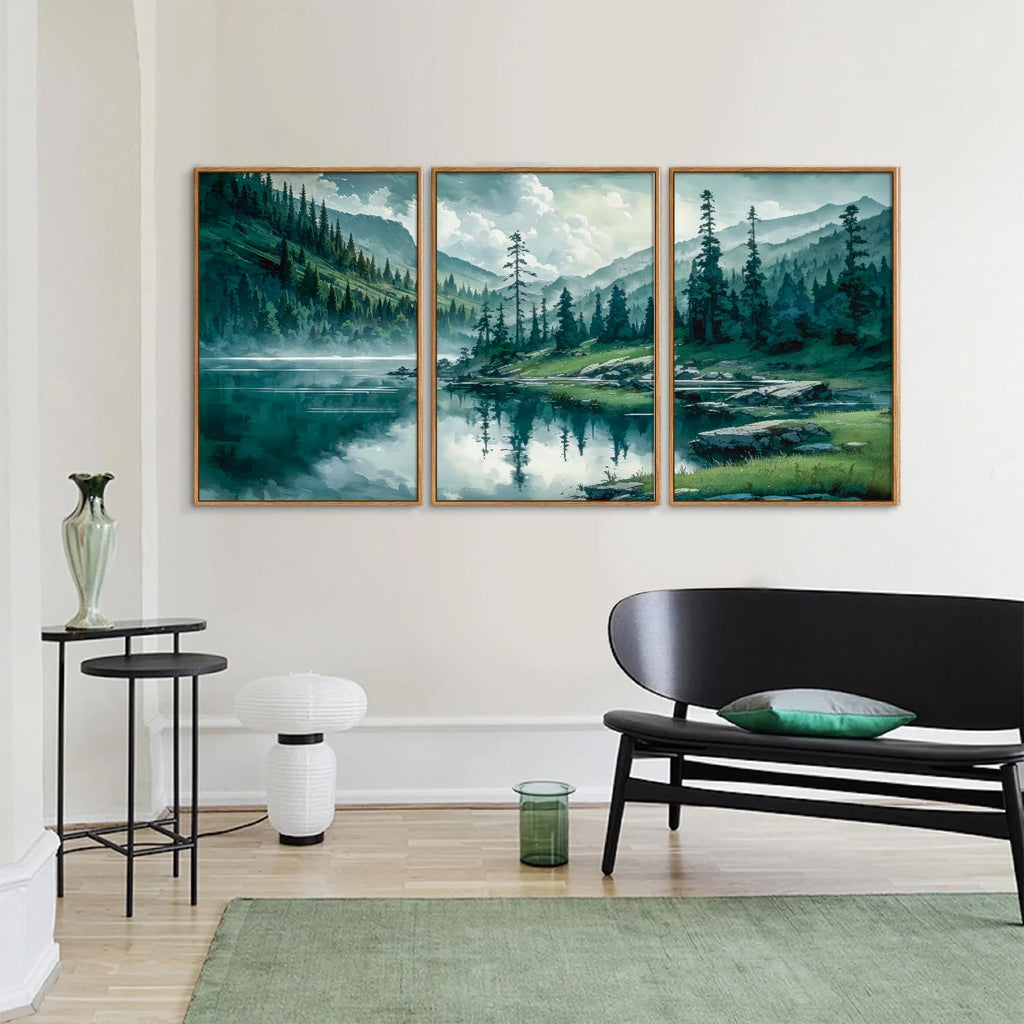 Large Nature Forest Framed Canvas Wall Art Set, Boho Mountains Calming Lake Wall Decor, Green Pine Trees Artwork